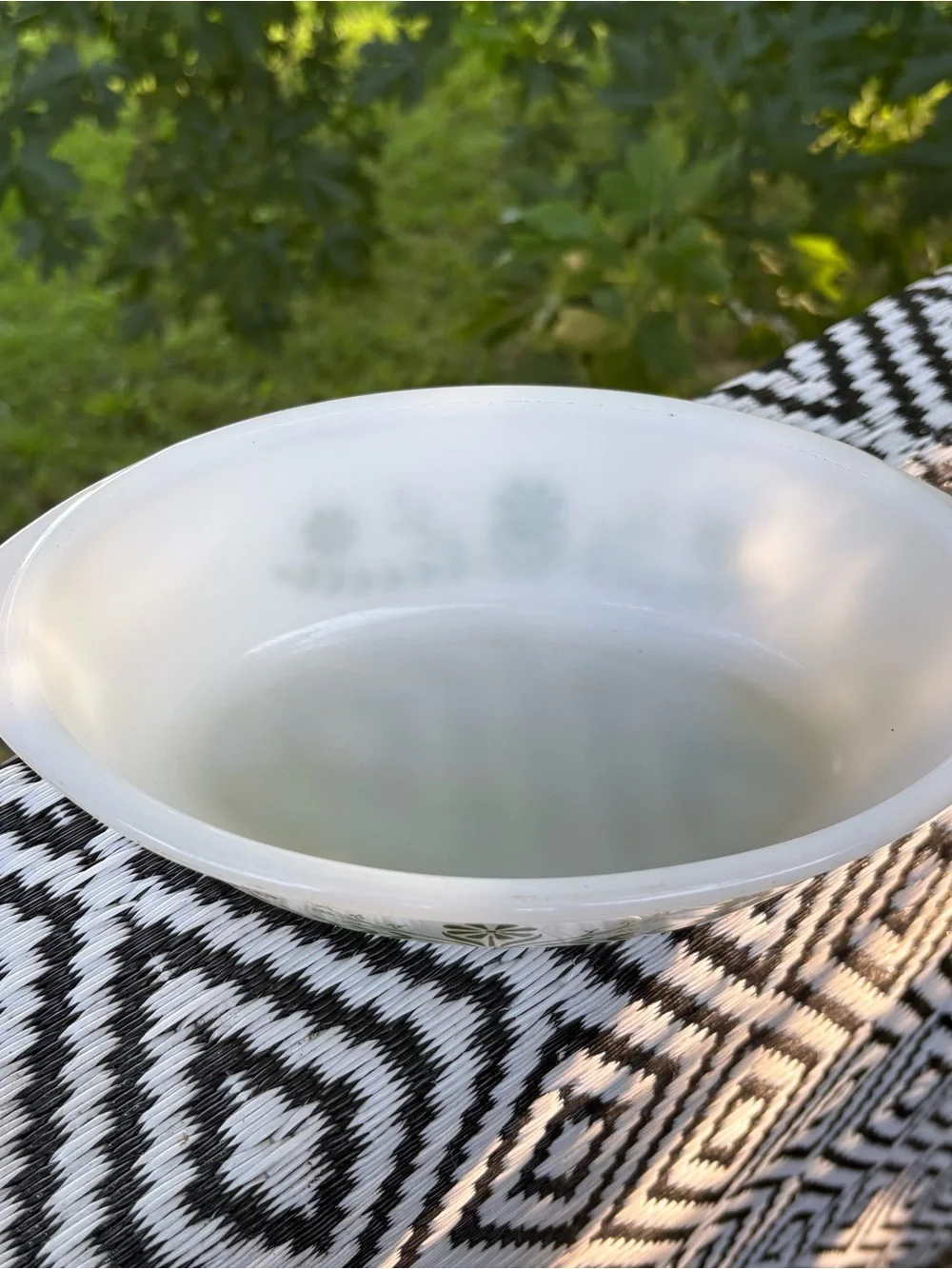 Vintage 1960’s Glasbake milk glass green daisy floral design dish-ware